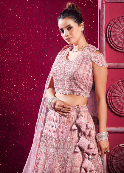 Peach Pink Bridal Bridesmaid Lehenga Choli Set with Zari & Sequins Detailing