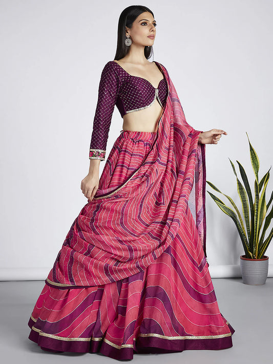 Pink Organza Leheriya Bridesmaid & Wedding Guest Lehenga Choli with Swarovski Stone Work