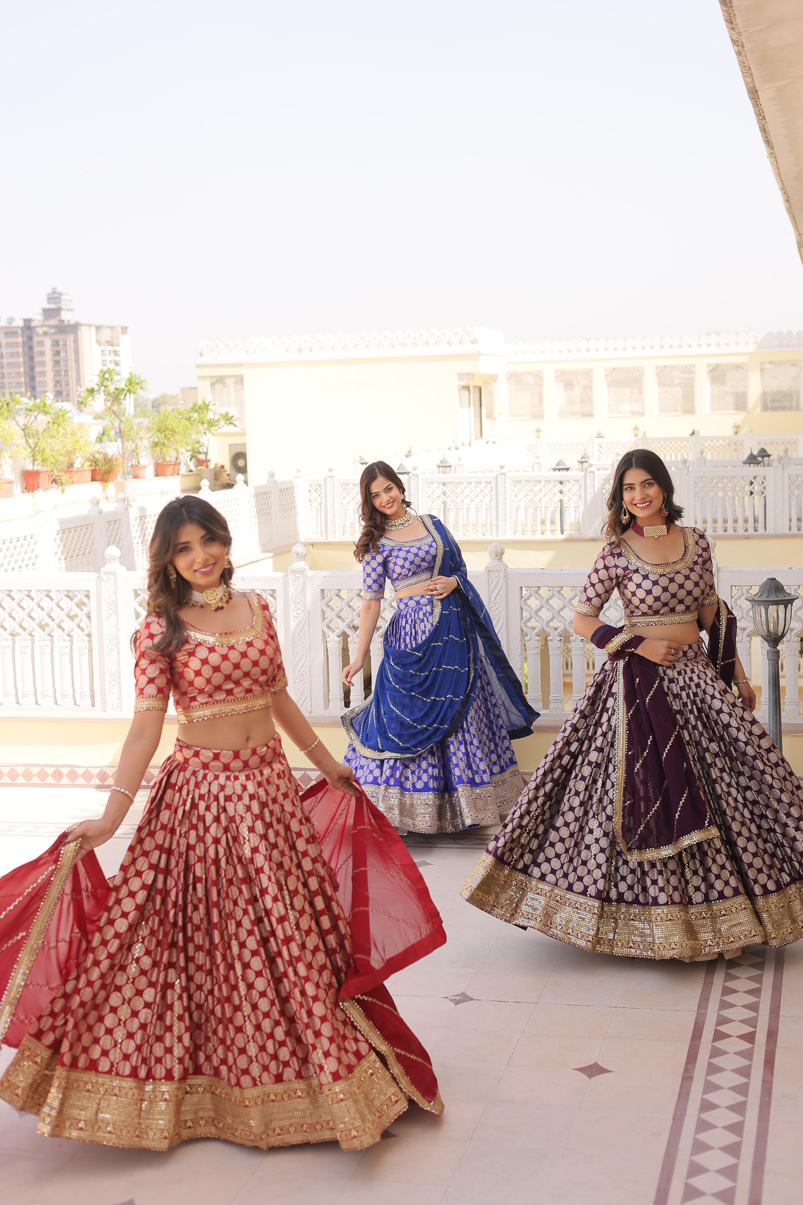 Red Designer Pure Viscose Jacquard Bridesmaid Party Lehenga Choli Du Inayakhan Shop