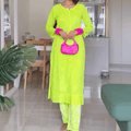 Bright Green Cotton Chikankari Hand Work Kurti Pant Sets