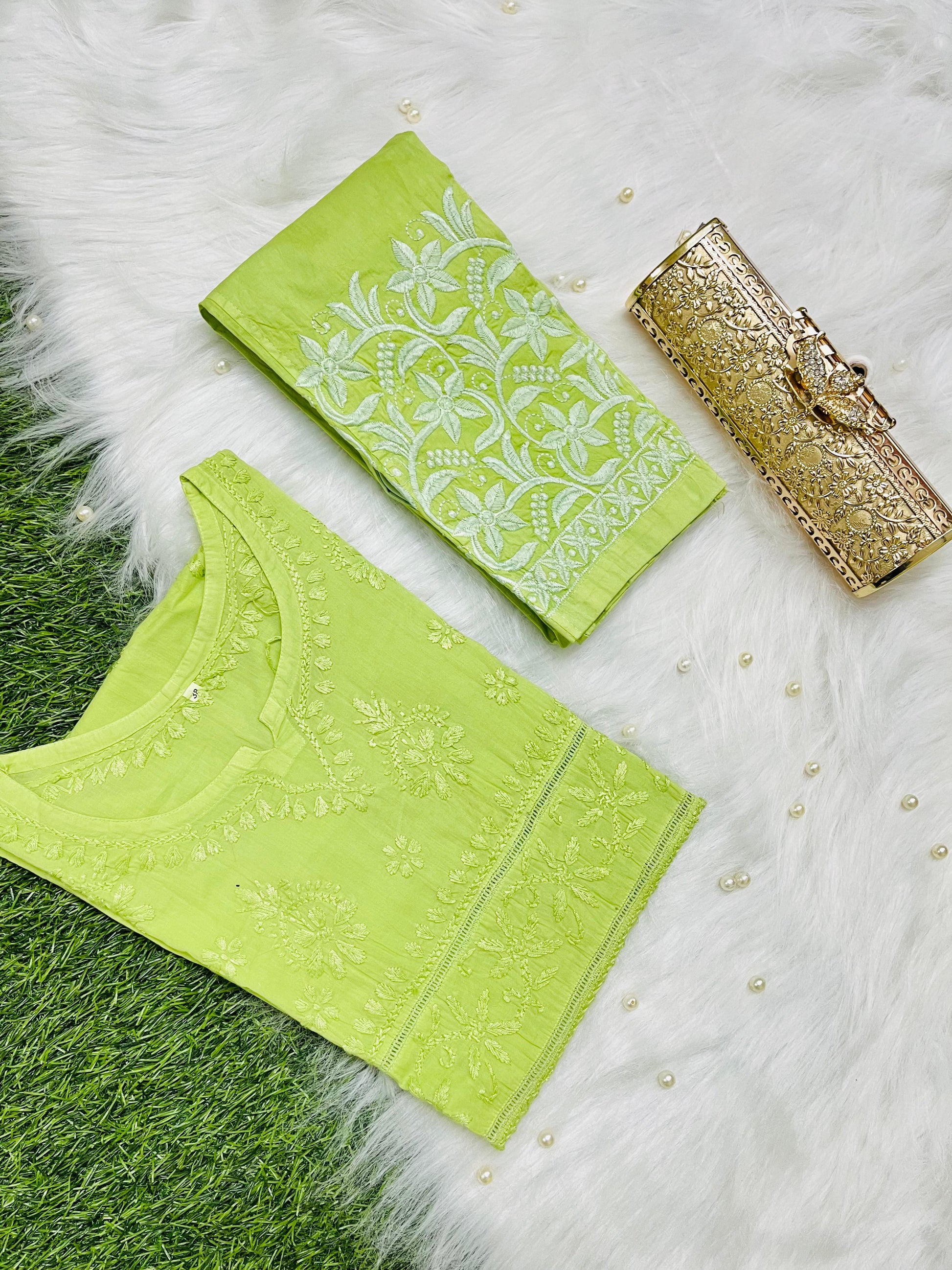 Bright Green New Designer Lace Pattern Kurti Set in Cotton Chikankari Handwork - Inayakhan Shop 
