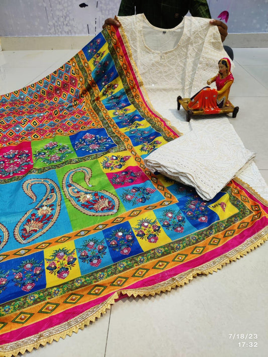 Bright Multicolor Design Chikankari Elegance - Pakistani Dupatta & Kurti Palazzo Set - Inayakhan Shop 