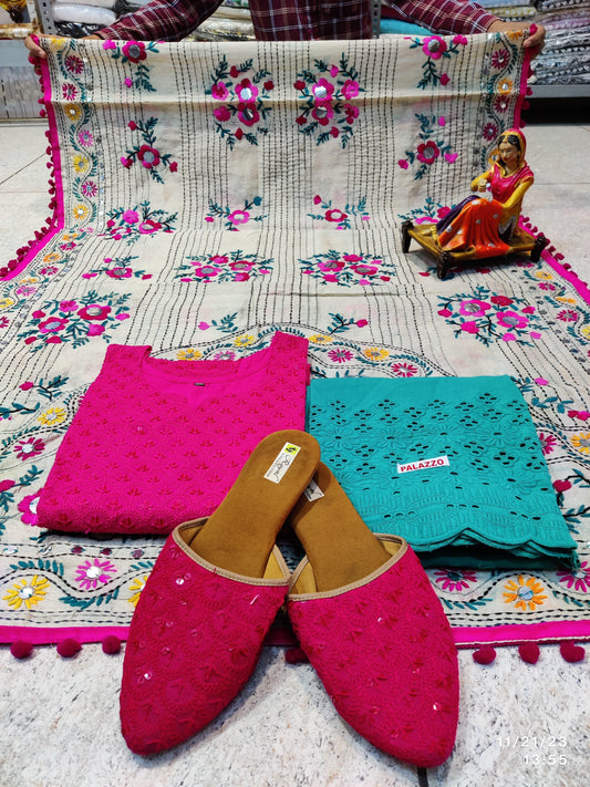 Bright Pink and Aqua Blue Silken Reflections Ensemble 4 Pc With Jutti - Inayakhan Shop 