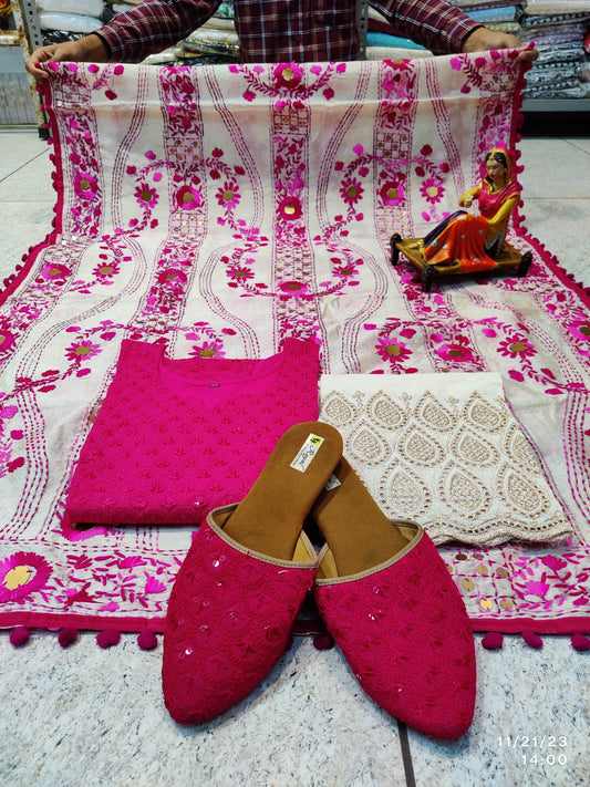 Bright Pink and White Silken Reflections Ensemble 4 Pc With Jutti - Inayakhan Shop 