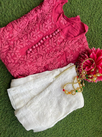 Bright pink Beautiful 3D Viscose Lucknow Chikankari Work Kurti and Pallazo - Inayakhan Shop 