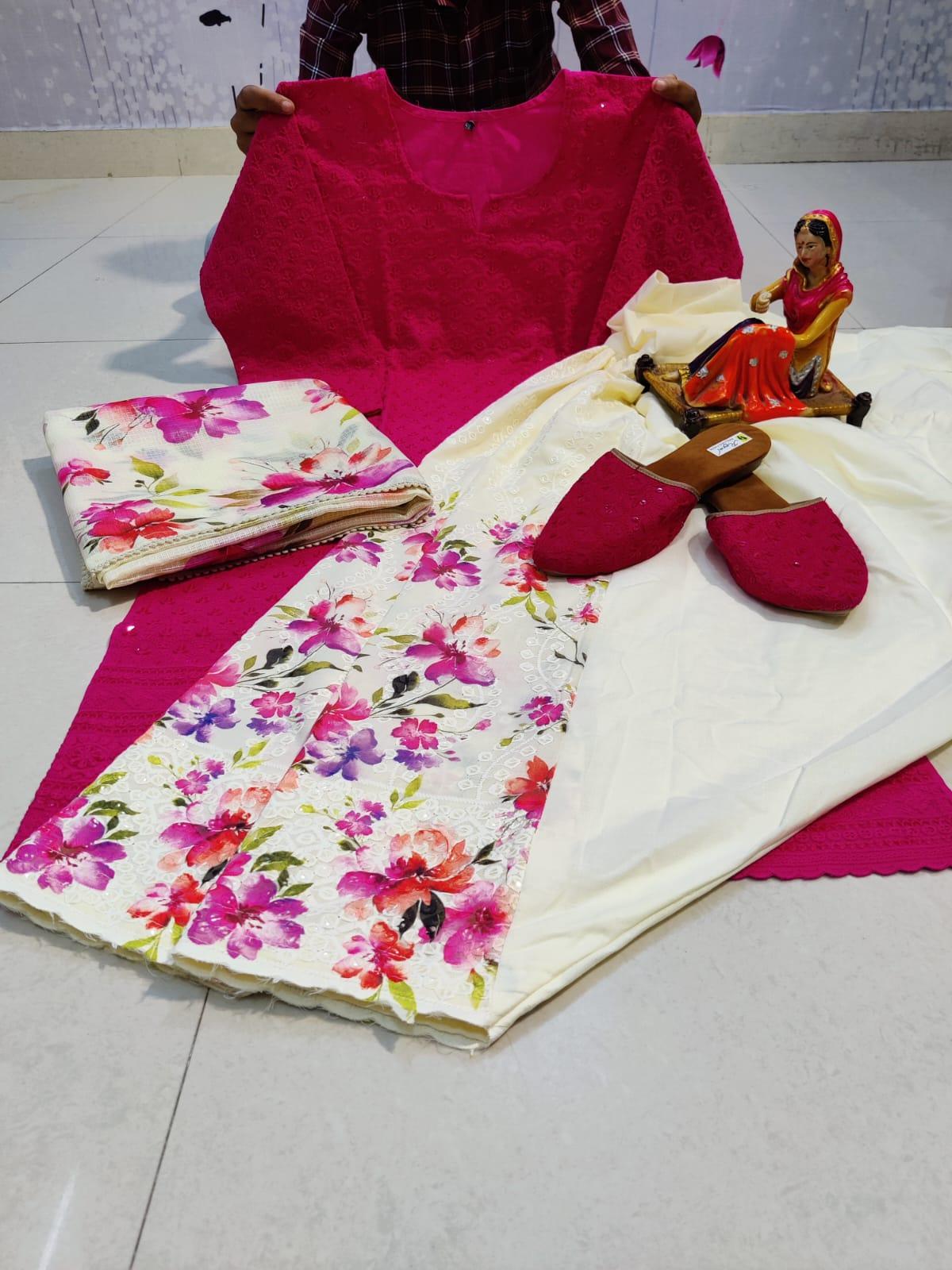 Bright Pink Chikan Elegance Patiala Salwar Suit Set with Jutti - Inayakhan Shop 
