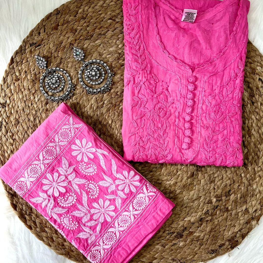 Bright Pink Cotton Chikankari Hand Work Kurti Suit Designs - Inayakhan Shop 