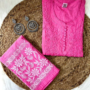 Bright Pink Cotton Chikankari Hand Work Kurti Suit Designs