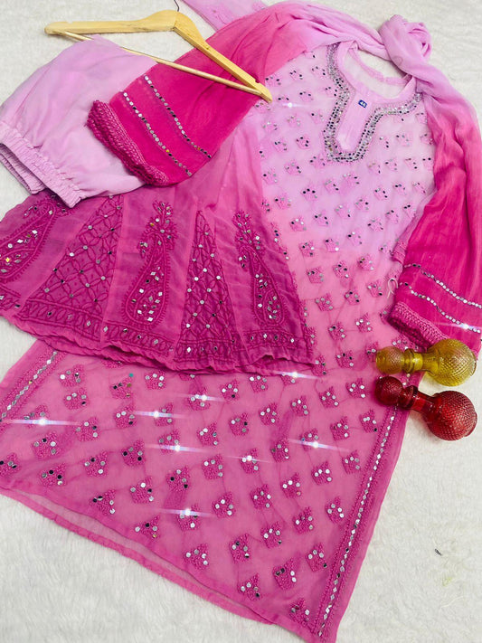 Bright Pink Enchanting Lucknawi Jaal - Chikankari Festive Set - Kurti, Sharara & Dupatta -(Inner Included) - Inayakhan Shop 