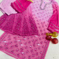 Bright Pink Enchanting Lucknawi Jaal - Chikankari Festive Set - Kurti, Sharara & Dupatta -(Inner Included)