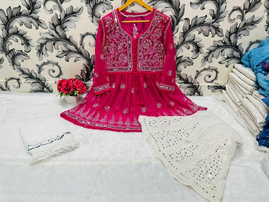 Bright Pink Glimmering Georgette Mirror Work Short Gown, Dupatta, and Sharara Full Combo Set - Inayakhan Shop 
