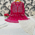 Bright Pink Glimmering Georgette Mirror Work Short Gown, Dupatta, and Sharara Full Combo Set