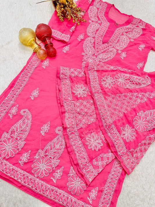 Bright Pink Lucknawi Chikankari Georgette Kurti and Sharara Set , Dupatta and Inner Included - Inayakhan Shop 
