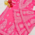 Bright Pink Lucknawi Chikankari Georgette Kurti and Sharara Set , Dupatta and Inner Included