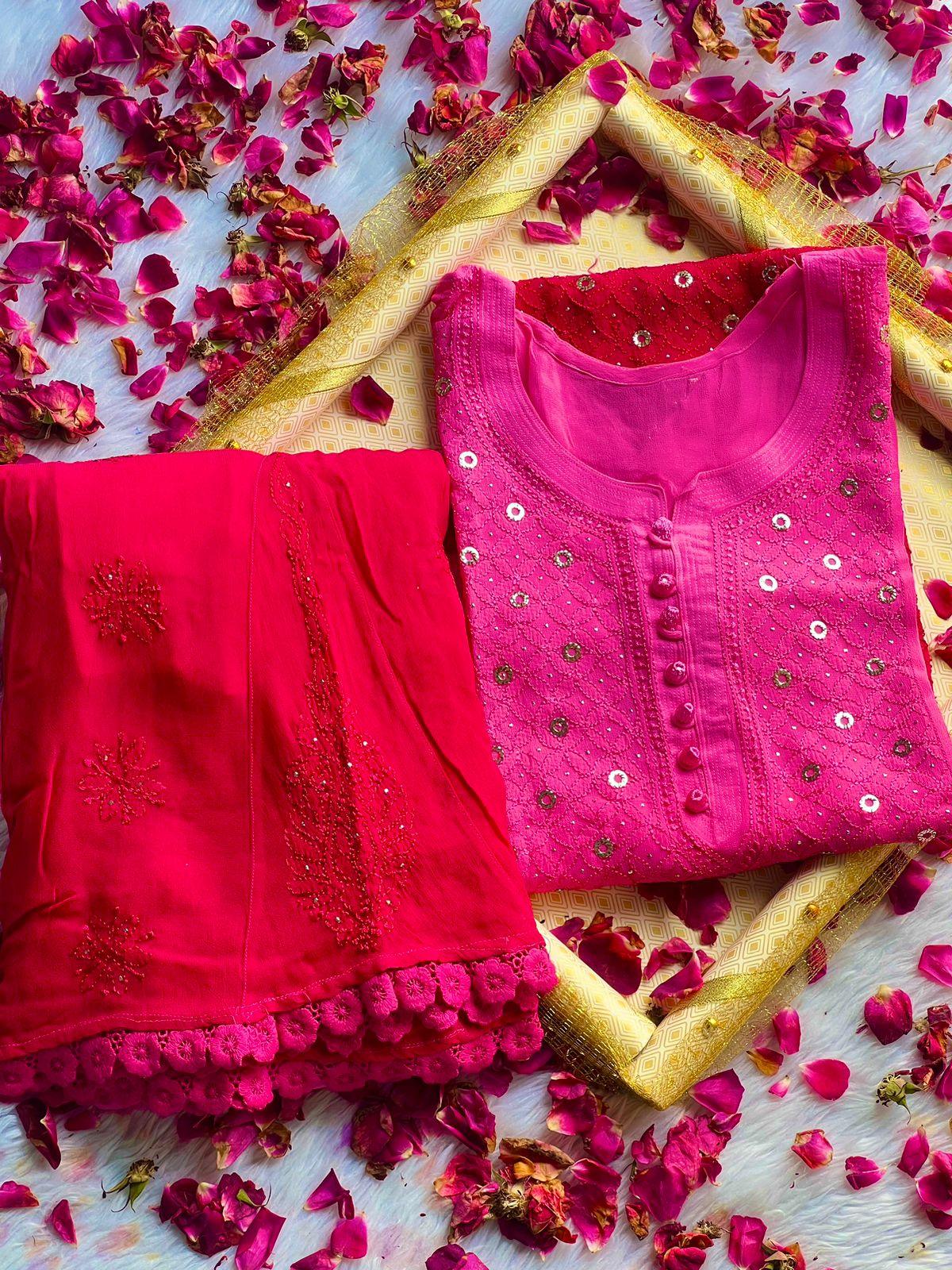 Bright Pink Luxe Viscose Ring Jall Kurti and Sharara Set (Made on Order) - Inayakhan Shop 