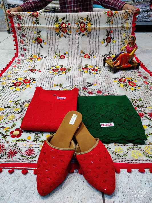 Bright Red and Green Ensemble 4 Pc With Jutti - Inayakhan Shop 