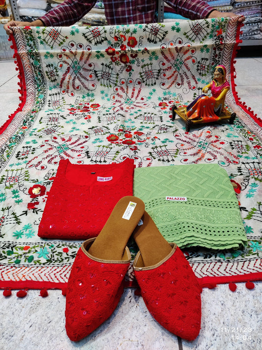 Bright Red and Mint Green Ensemble 4 Pc With Jutti - Inayakhan Shop 