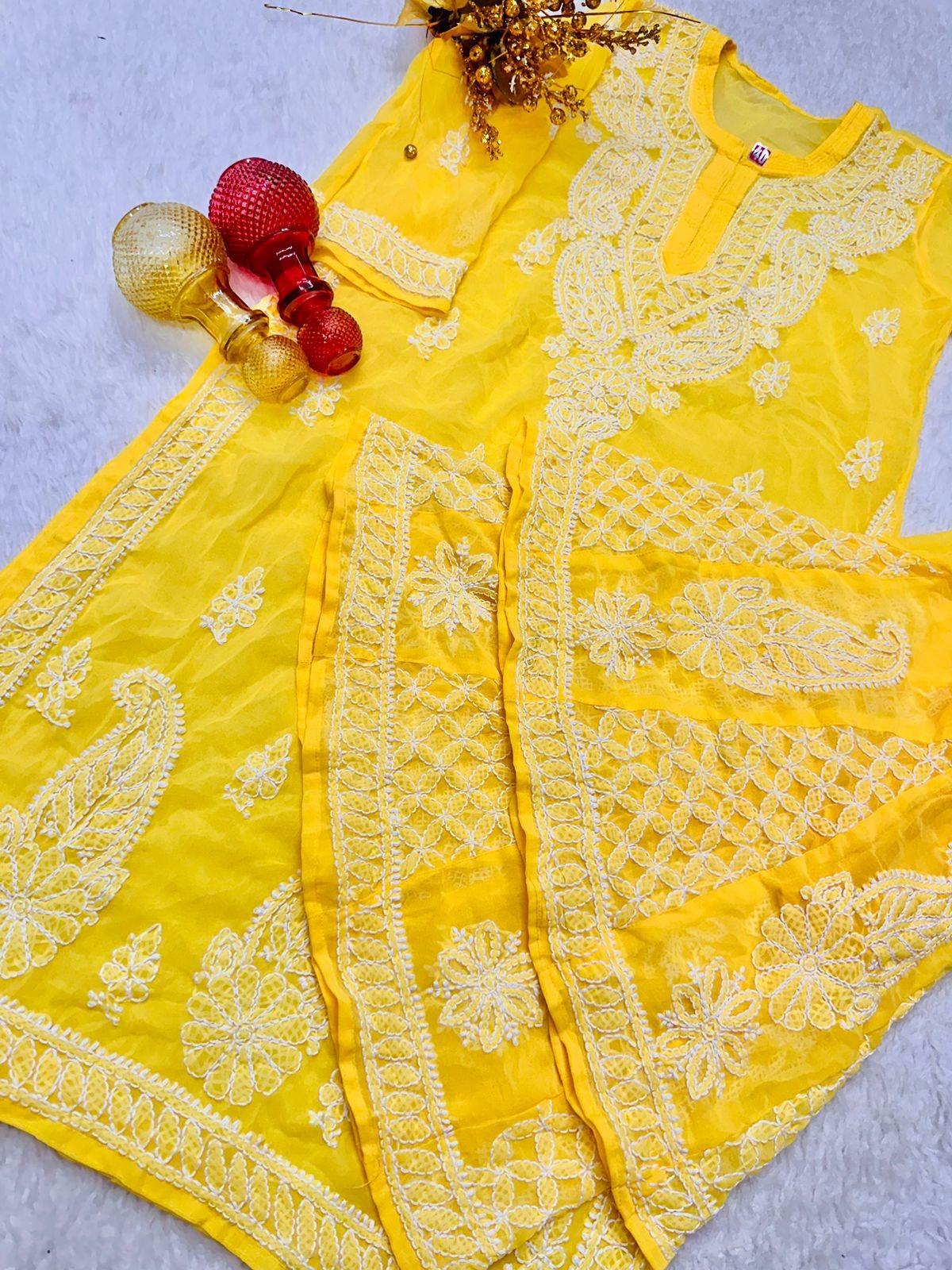 Bright Yellow Lucknawi Chikankari Georgette Kurti and Sharara Set , Dupatta and Inner Included - Inayakhan Shop 