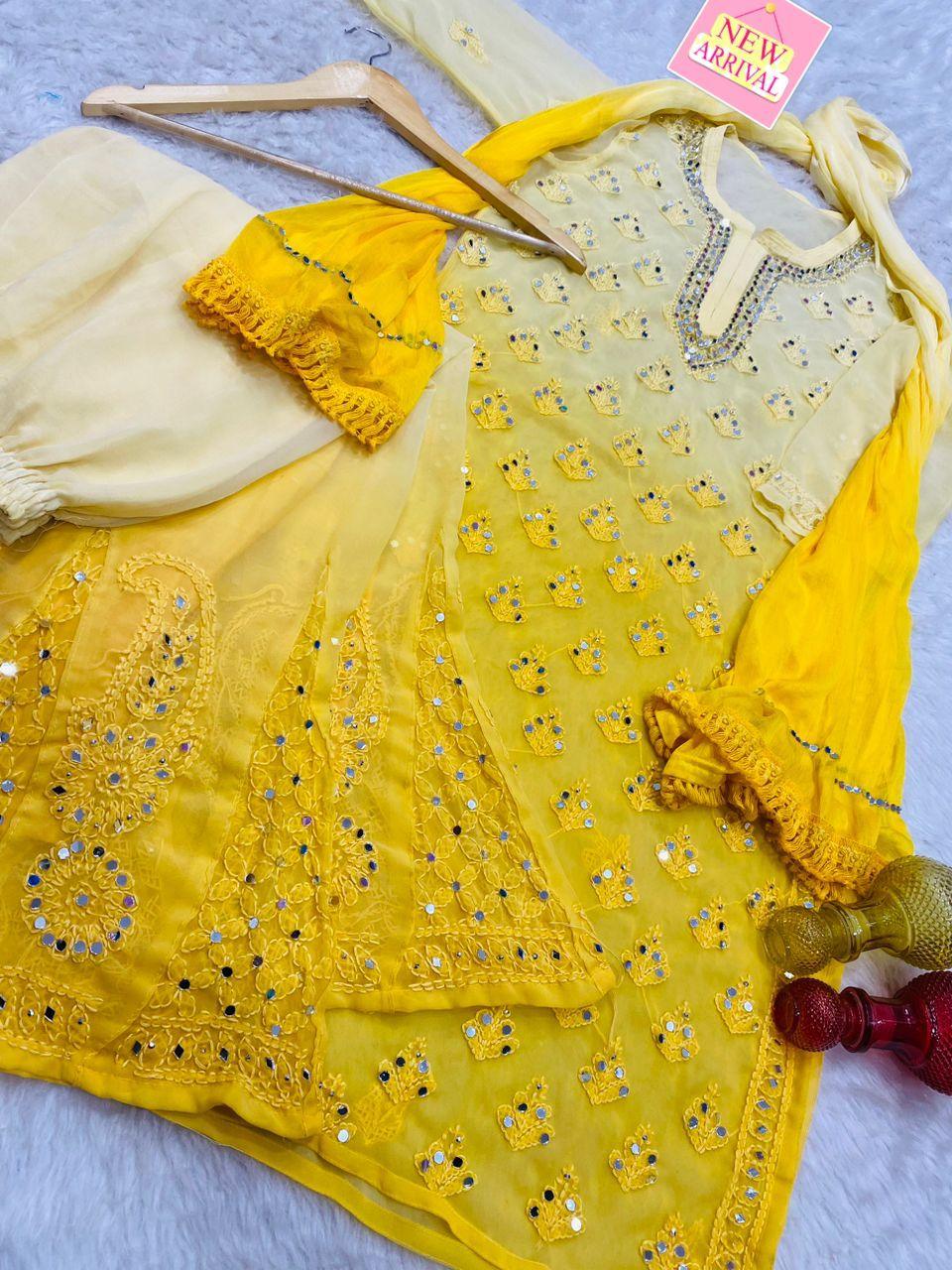 Bright Yellow Lucknawi Jaal - Chikankari Festive Set - Kurti, Sharara & Dupatta -(Inner Included) - Inayakhan Shop 