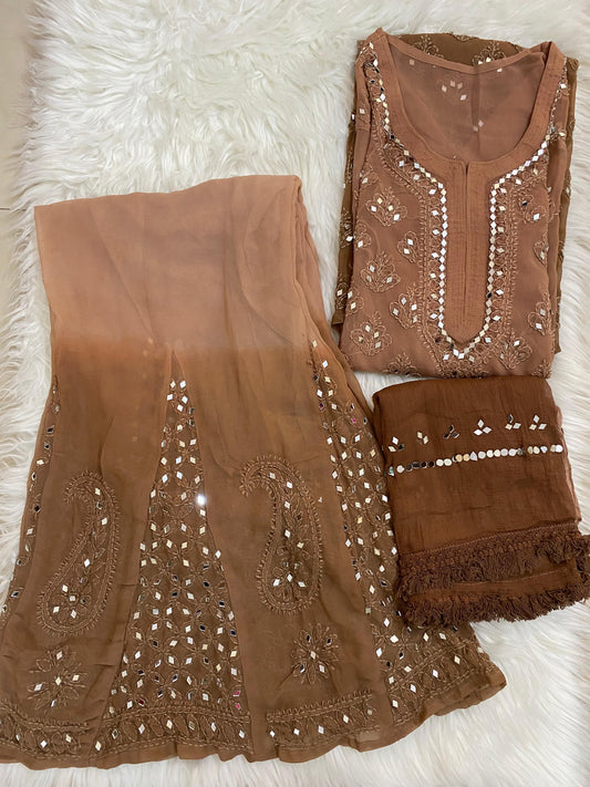 Brown Chikankari Elegance Ombré Mirror Booti Jaal Set - Kurti, Sharara & Dupatta - Inayakhan Shop 