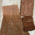 Brown Chikankari Elegance Ombré Mirror Booti Jaal Set - Kurti, Sharara & Dupatta