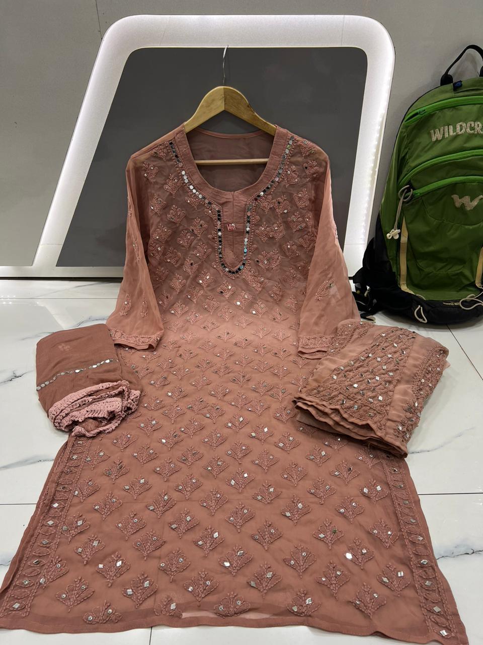 Brown Chikankari Elegance Ombré Mirror Booti Jaal Set - Kurti, Sharara & Dupatta - Inayakhan Shop 