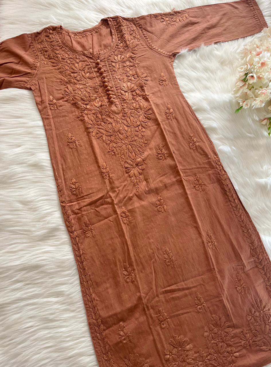 Brown Exclusive Dyeable Dobby Cotton Kurti with Ghaspatti Work Pant Set - Inayakhan Shop 