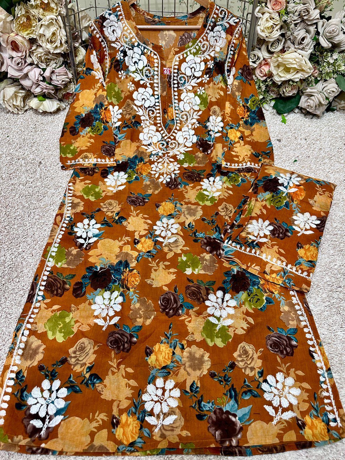 Brown Floral Printed Mulmul Chikankari Palazzo Set - Inayakhan Shop 