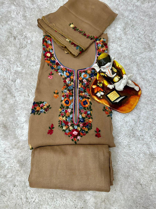 Brown Georgette Kashmiri Suit with Beautiful Hand Embroidery Work Latest Online - Inayakhan Shop 