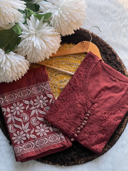 Brown Graceful Cotton Chikankari Work Set: Kurti + Pant up to 6 XL ++ Sizes - Inayakhan Shop 