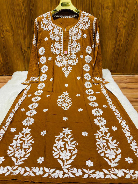 Brown Lucknowi Chikankari Heavy Beautiful Latest Design Modal Kurti - Inayakhan Shop 