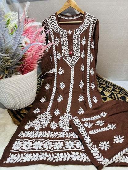 Brown Lucknowi Chikankari Premium Heavy Designer Modal Palazzo Set - Inayakhan Shop 