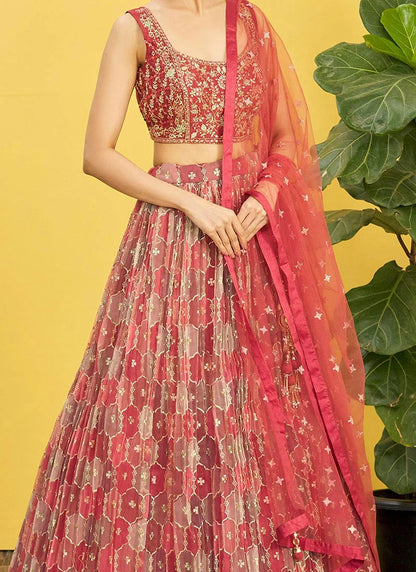 Coral Red Elegant Organza Wedding Guest Lehenga Choli Set