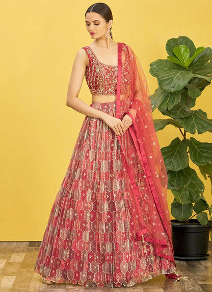 Coral Red Elegant Organza Wedding Guest Lehenga Choli Set