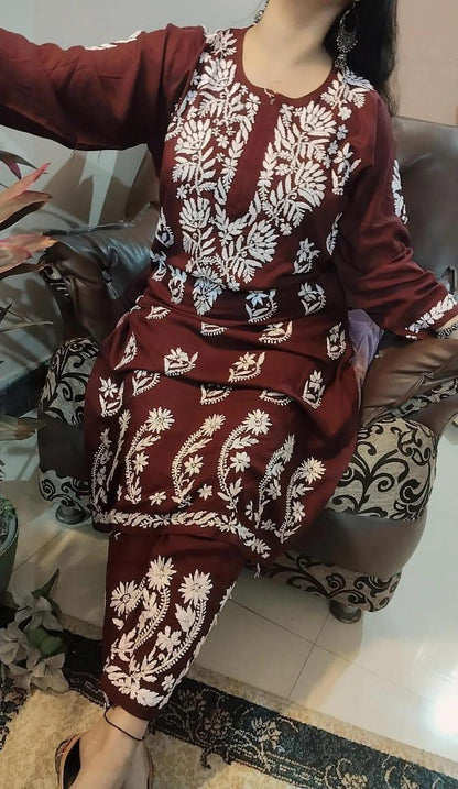 Brown Regal Reverie Rayon Chikankari Ensemble with Lucknowi Ghaas Patti Handwork - Inayakhan Shop 