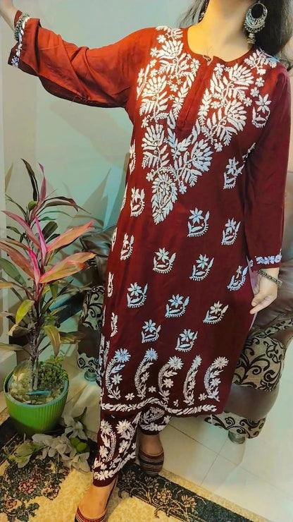 Brown Regal Reverie Rayon Chikankari Ensemble with Lucknowi Ghaas Patti Handwork - Inayakhan Shop 