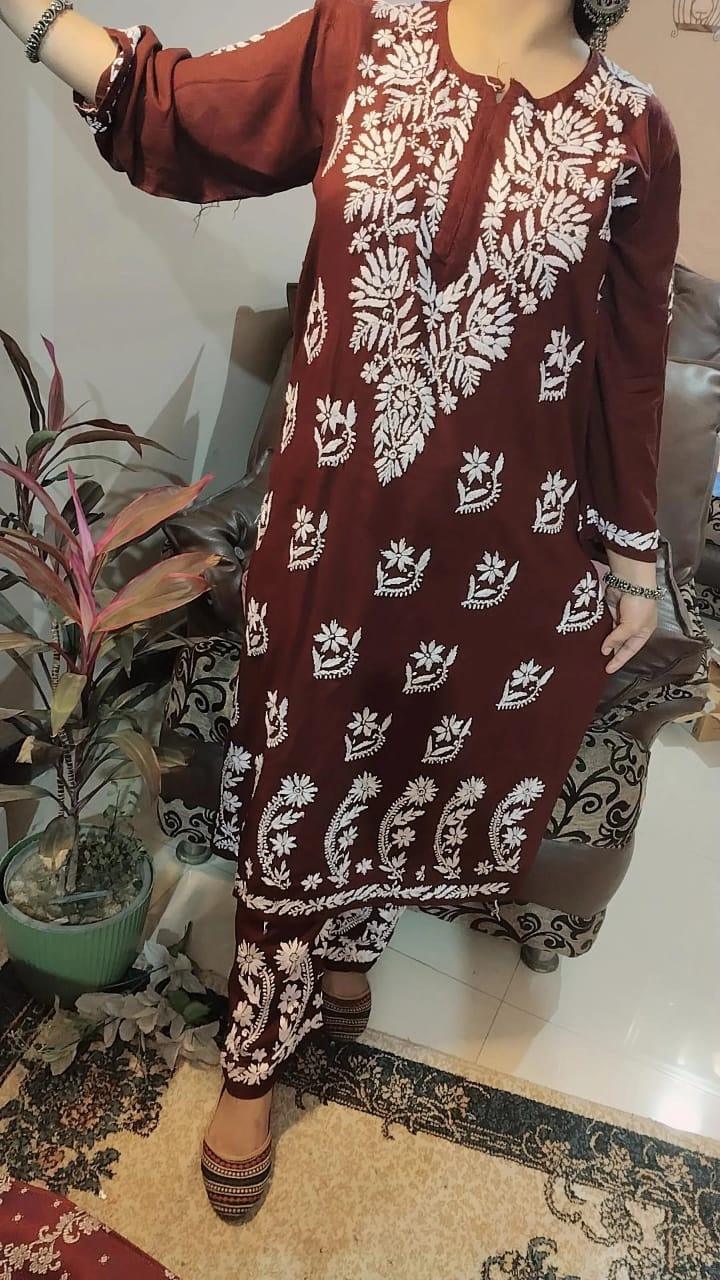 Brown Regal Reverie Rayon Chikankari Ensemble with Lucknowi Ghaas Patti Handwork - Inayakhan Shop 