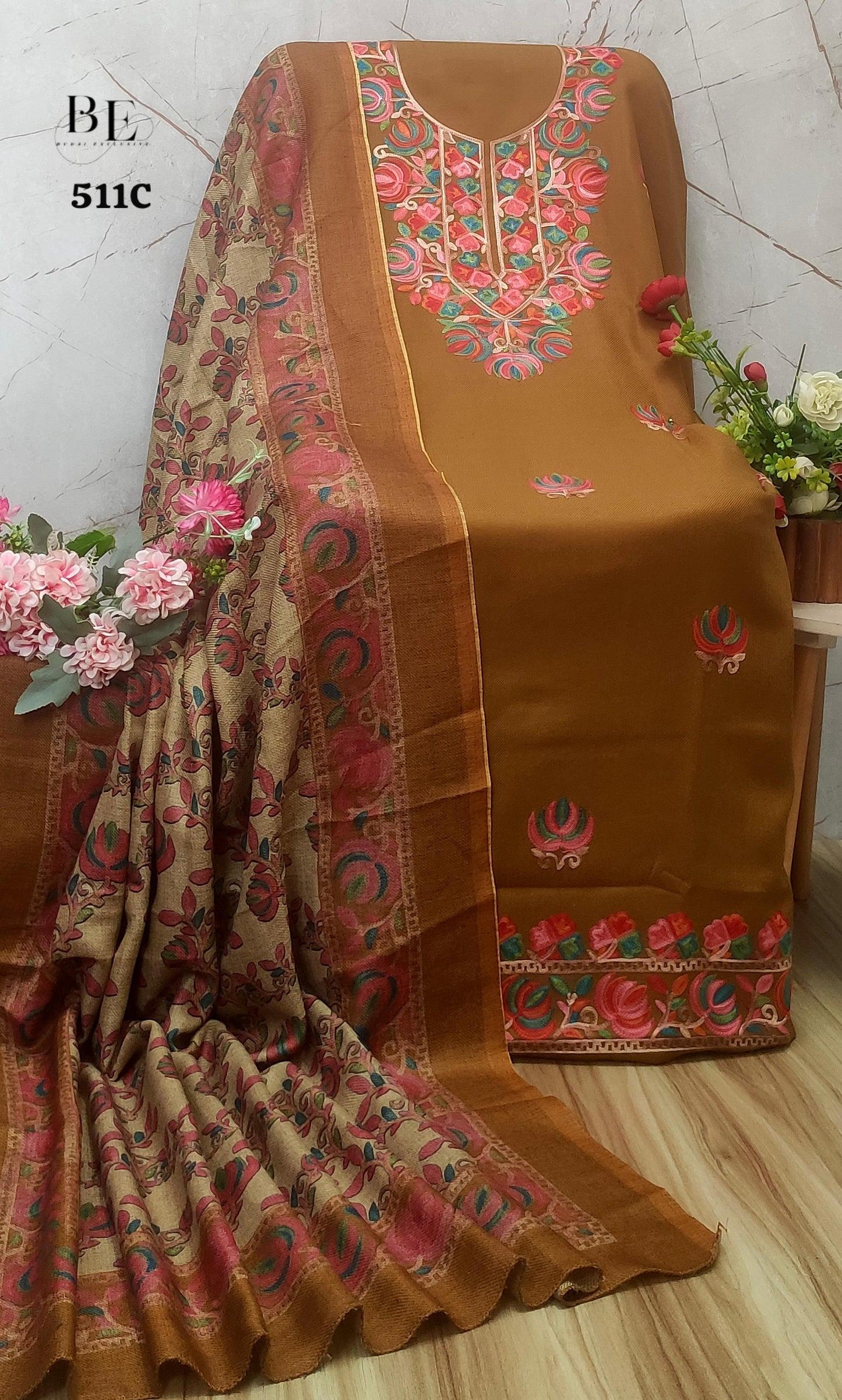 Brown Premium Kashmiri Work Pashmina Silk Suits (New)