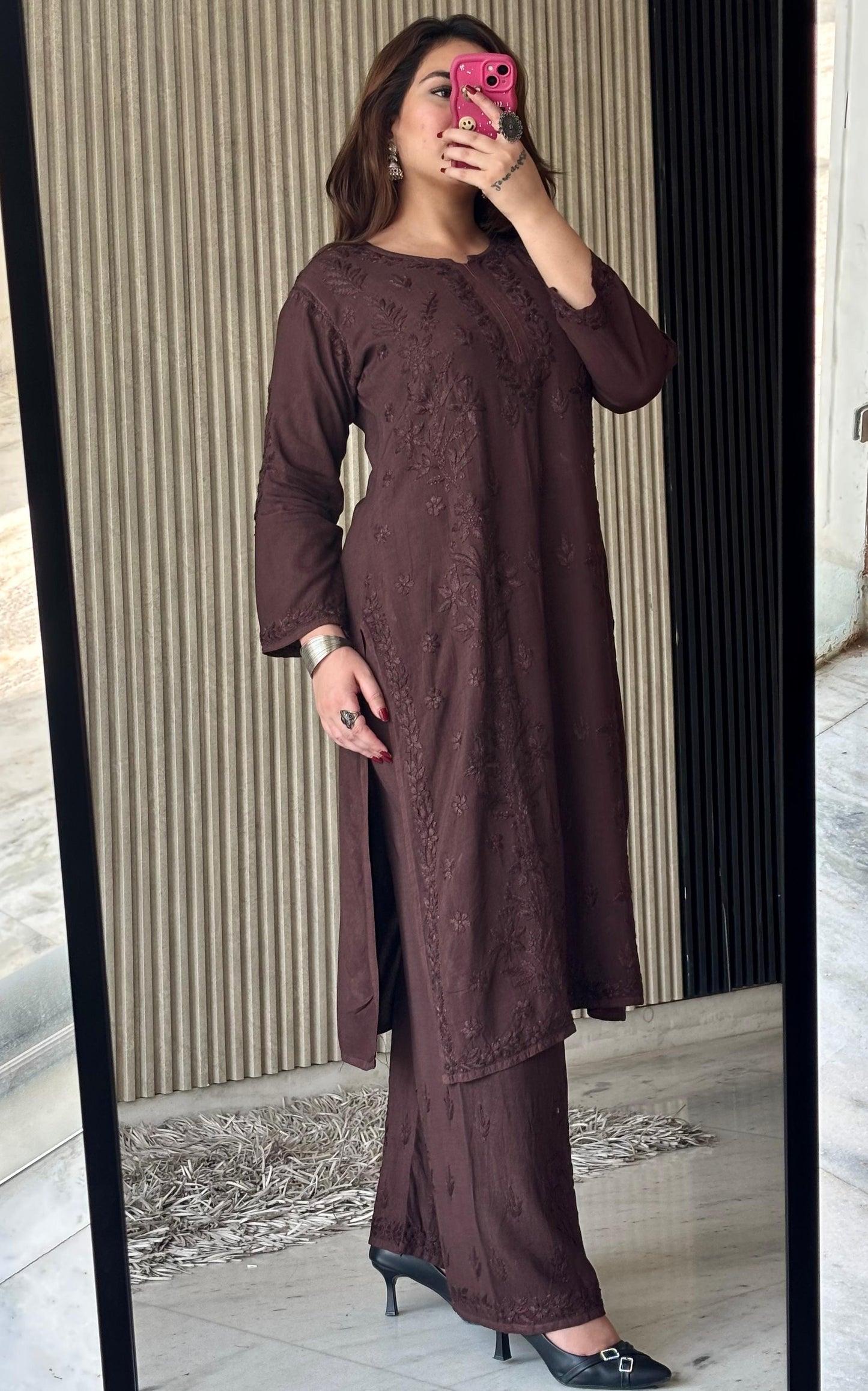 Coffee Brown Rayon Lucknow Chikankari Kurta with Palazzo Set