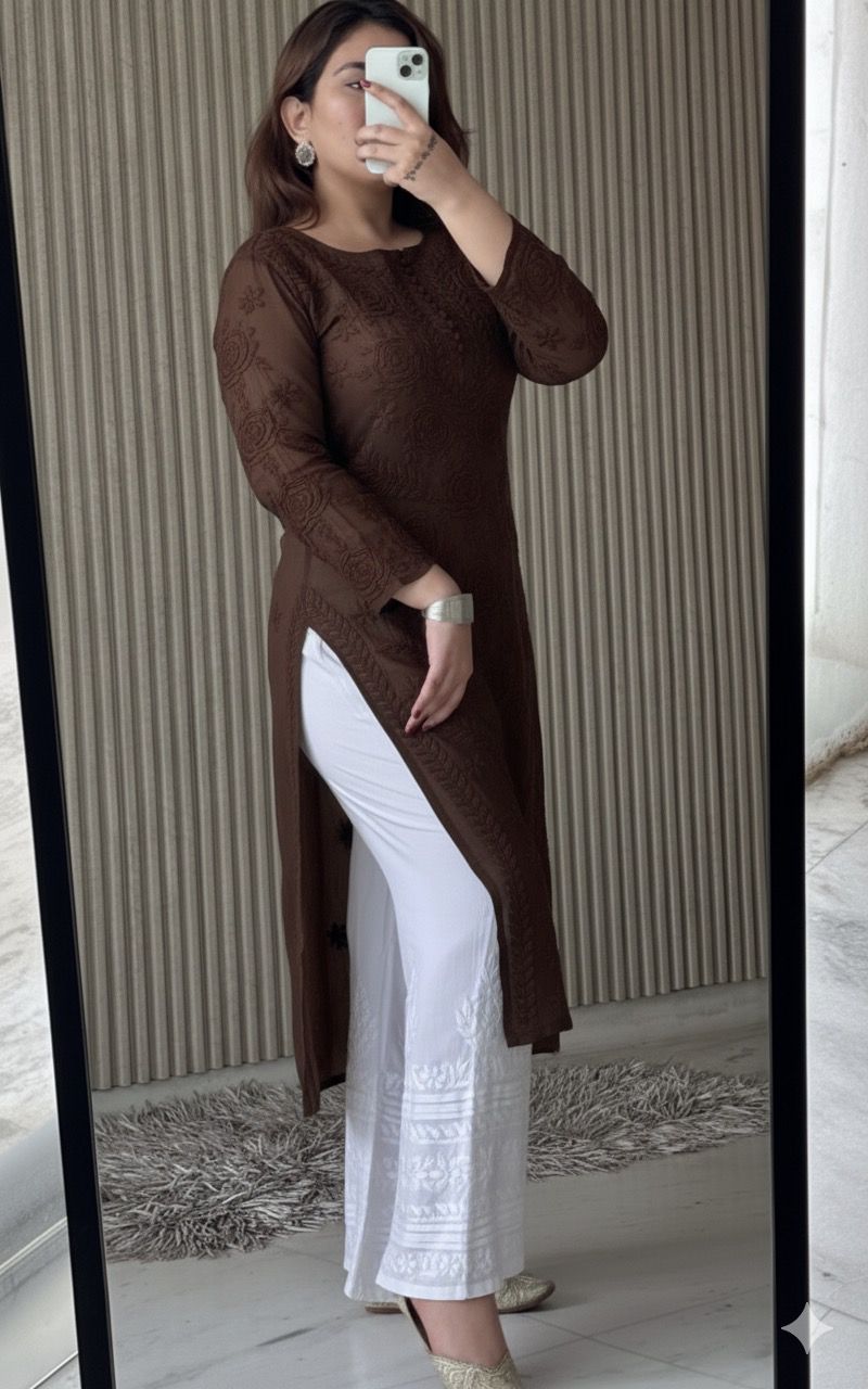 Dark Brown Lucknowi Chikankari Rose Viscose Georgette Kurta Set