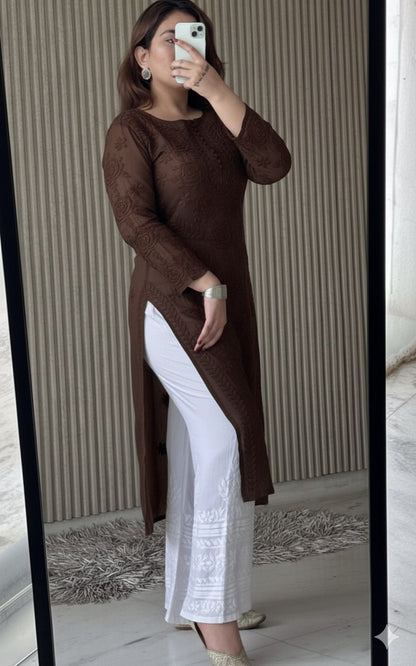 Dark Brown Lucknowi Chikankari Rose Viscose Georgette Kurta Set