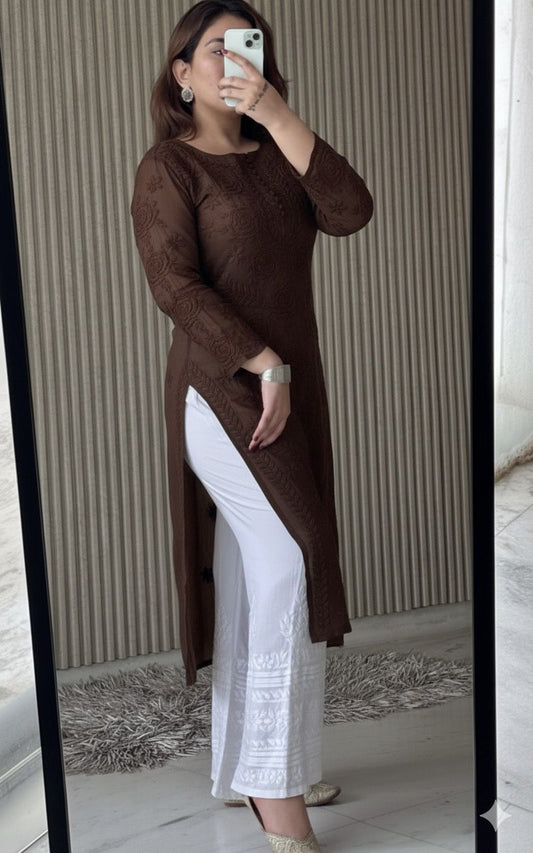 Dark Brown Lucknowi Chikankari Rose Viscose Georgette Kurta Set