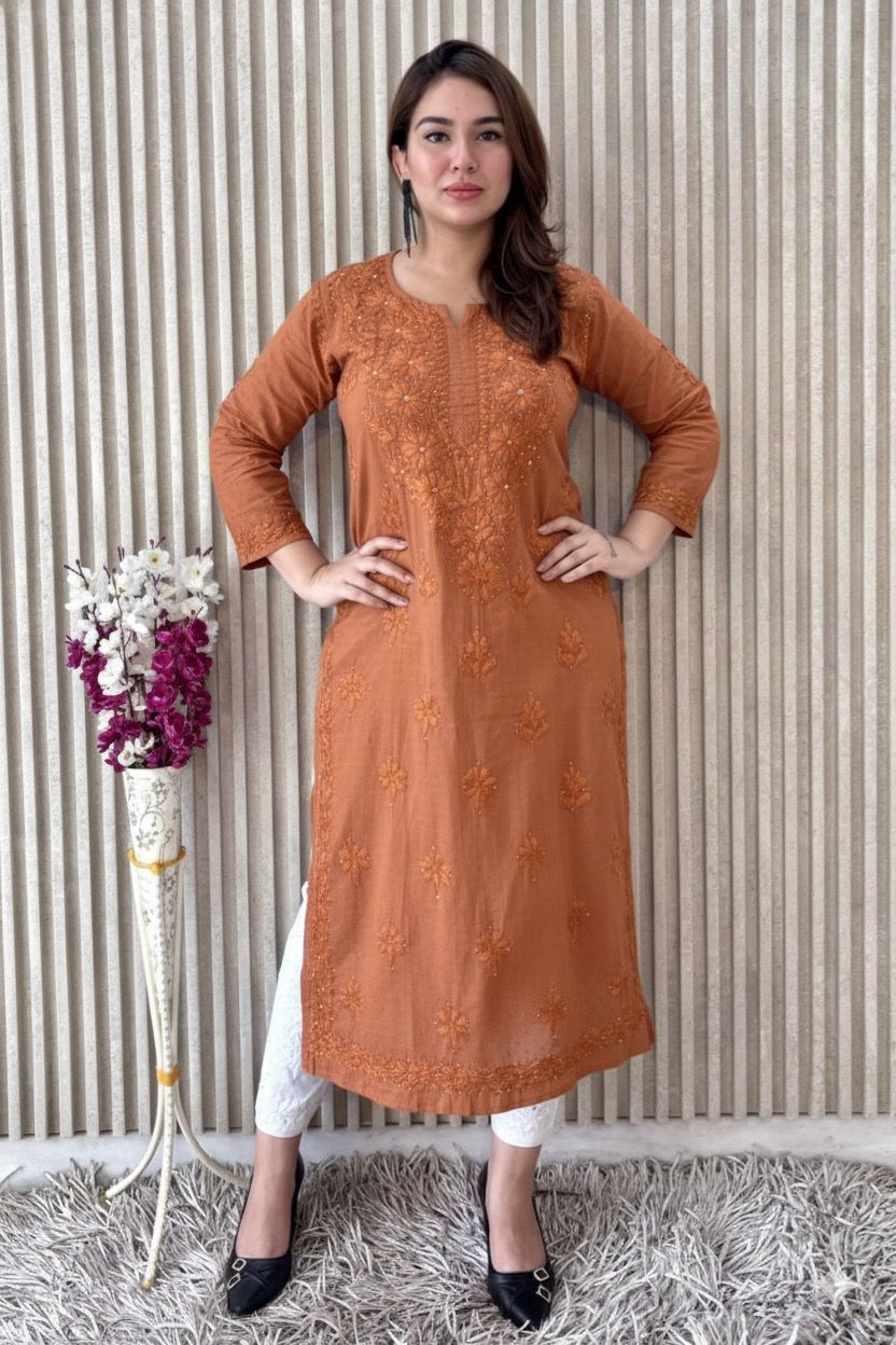Brown Exquisite Lucknow Chikankari Mukesh Work Kurti Set