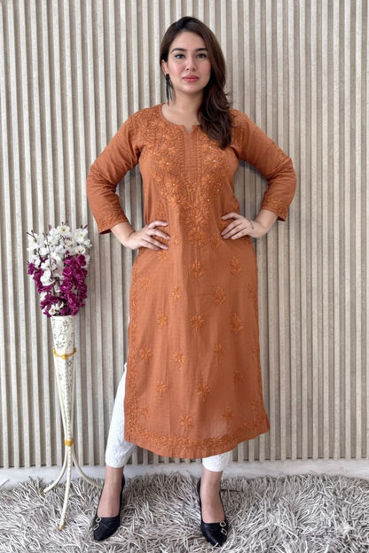 Brown Exquisite Lucknow Chikankari Mukesh Work Kurti Set