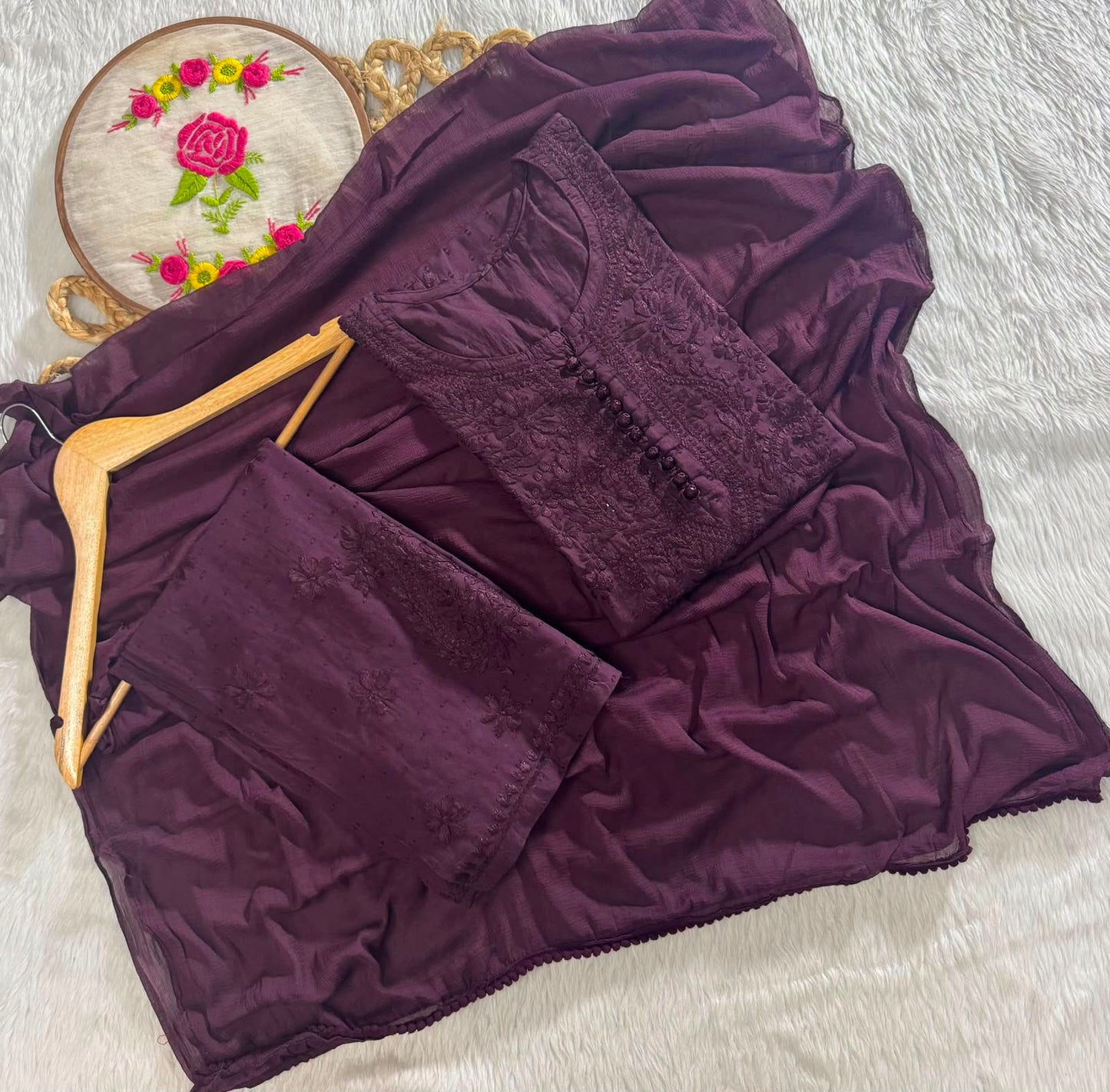Brown Cotton Chikankari Kurti Palazzo Dupatta Set – Plus Size
