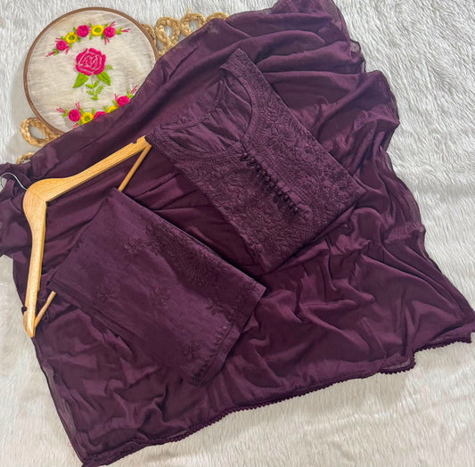 Brown Cotton Chikankari Kurti Palazzo Dupatta Set – Plus Size