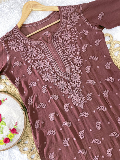 Brown Premium Beautiful Boota Viscose Kurti with Lycra Stretchable Pant