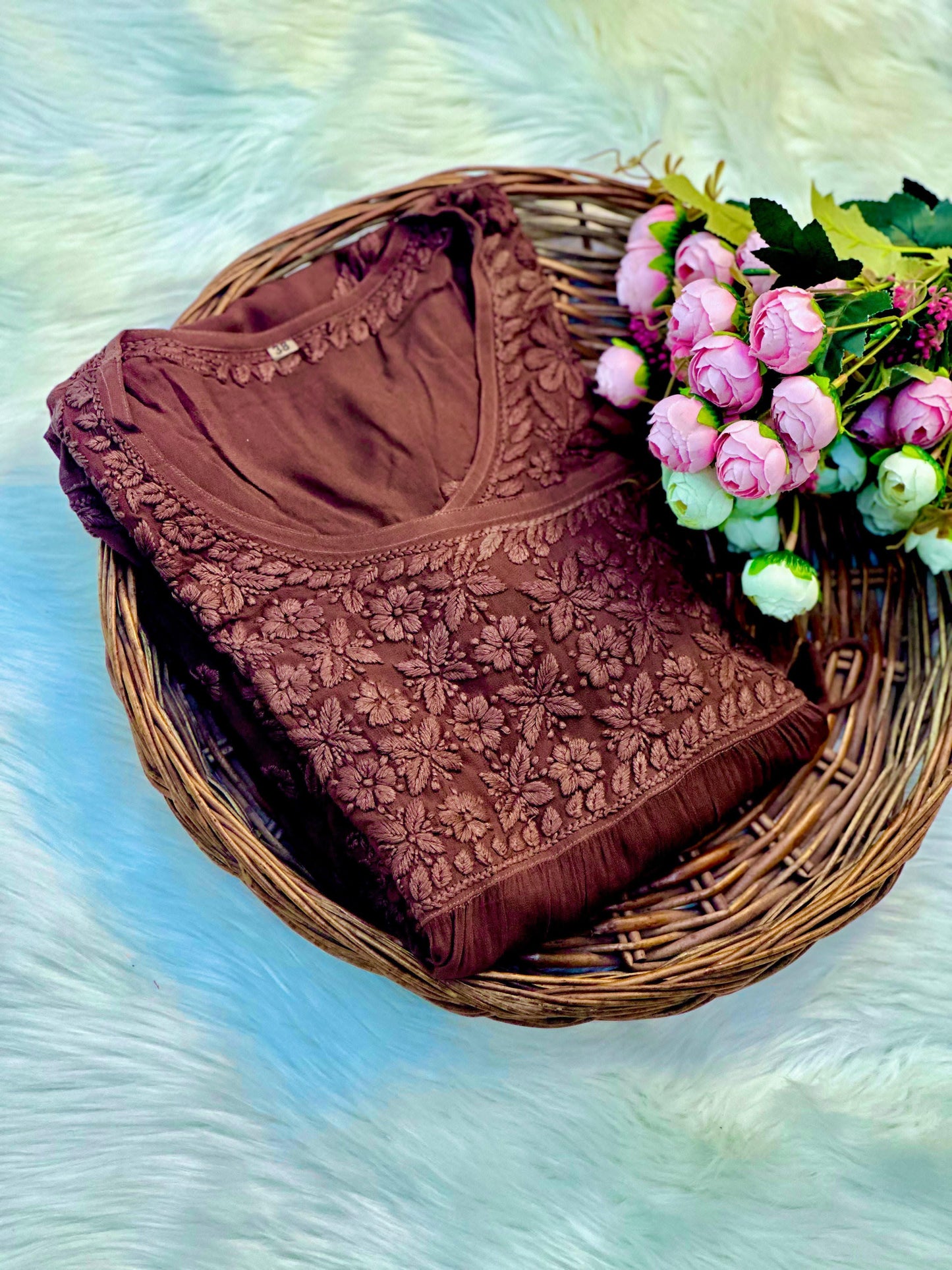 Brown Exquisite Handcrafted Lucknowi Chikankari Viscose Angarkha – 3D Floral Embroidery