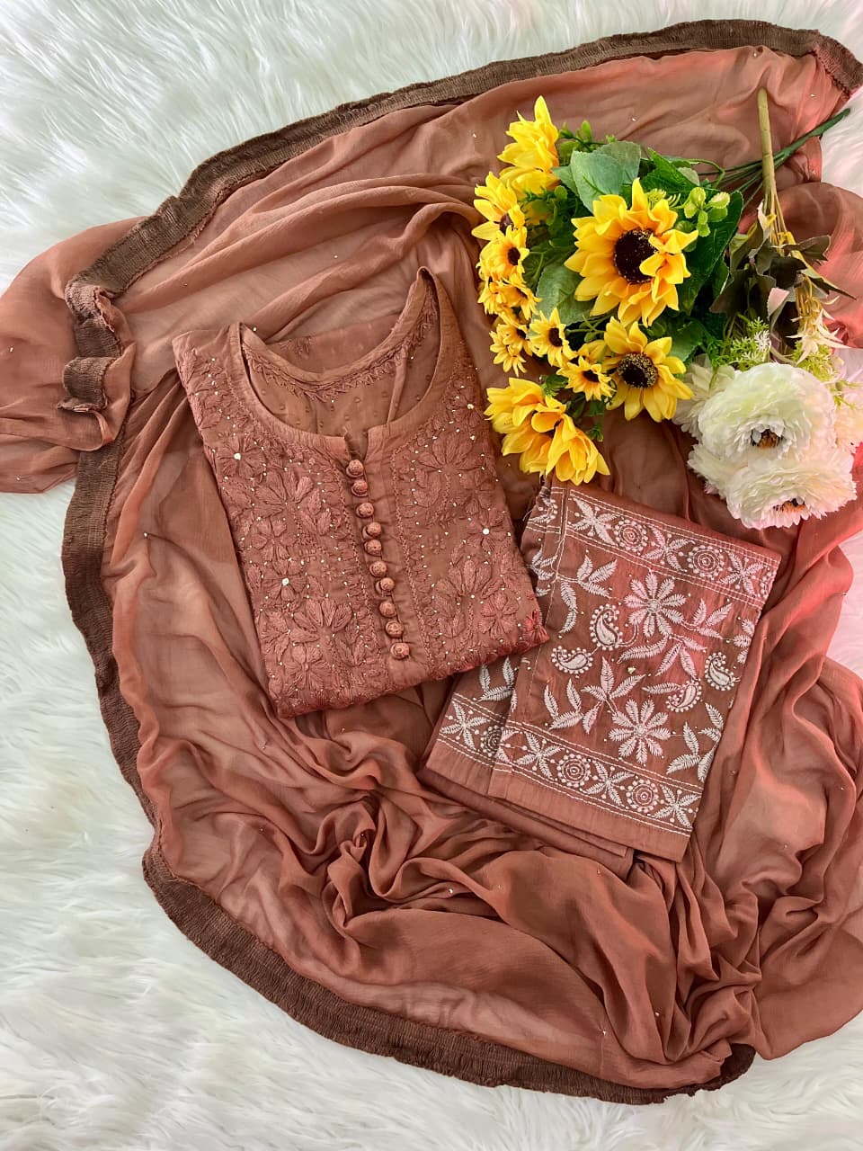 Brown Lucknowi Chikankari Dobby Cotton Kurti Set with Mukaish Work