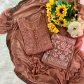 Brown Lucknowi Chikankari Dobby Cotton Kurti Set with Mukaish Work